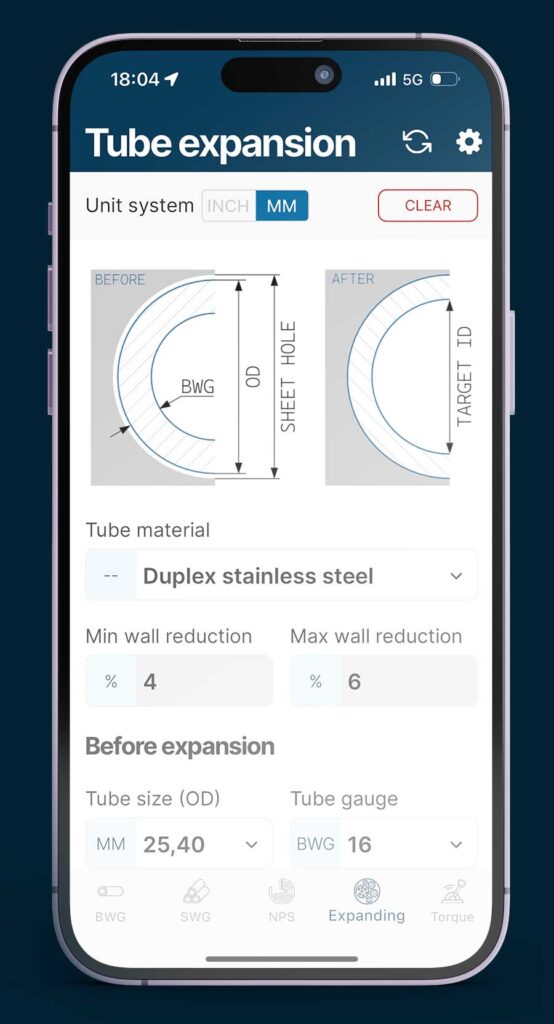 Tupitools - Tube expansion formula app